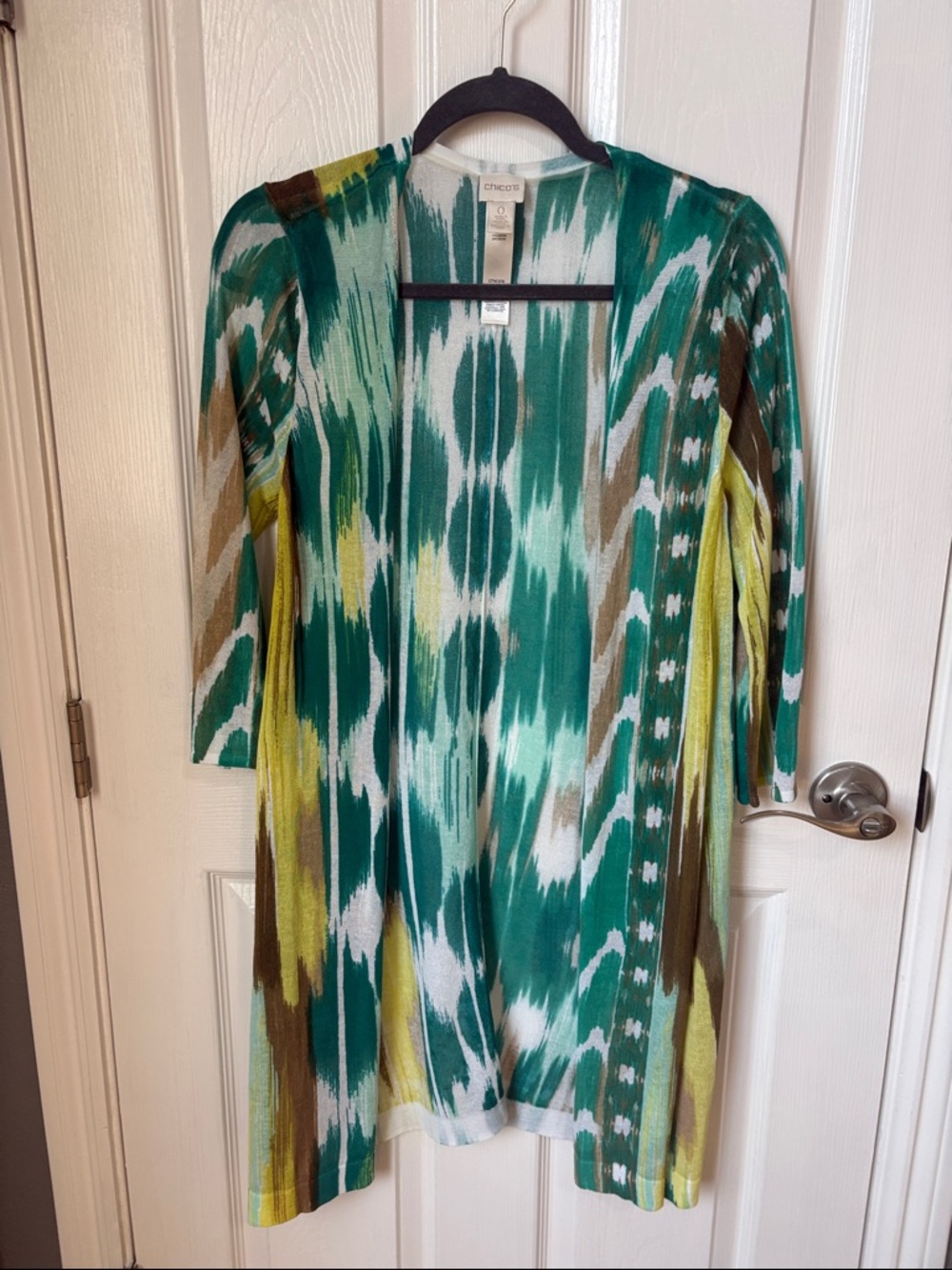 Chico's Teal and Yellow Open Duster Cardigan